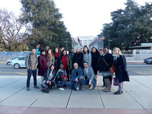 A group of Human Rights students in front of the Palais de Nations at the United Nations