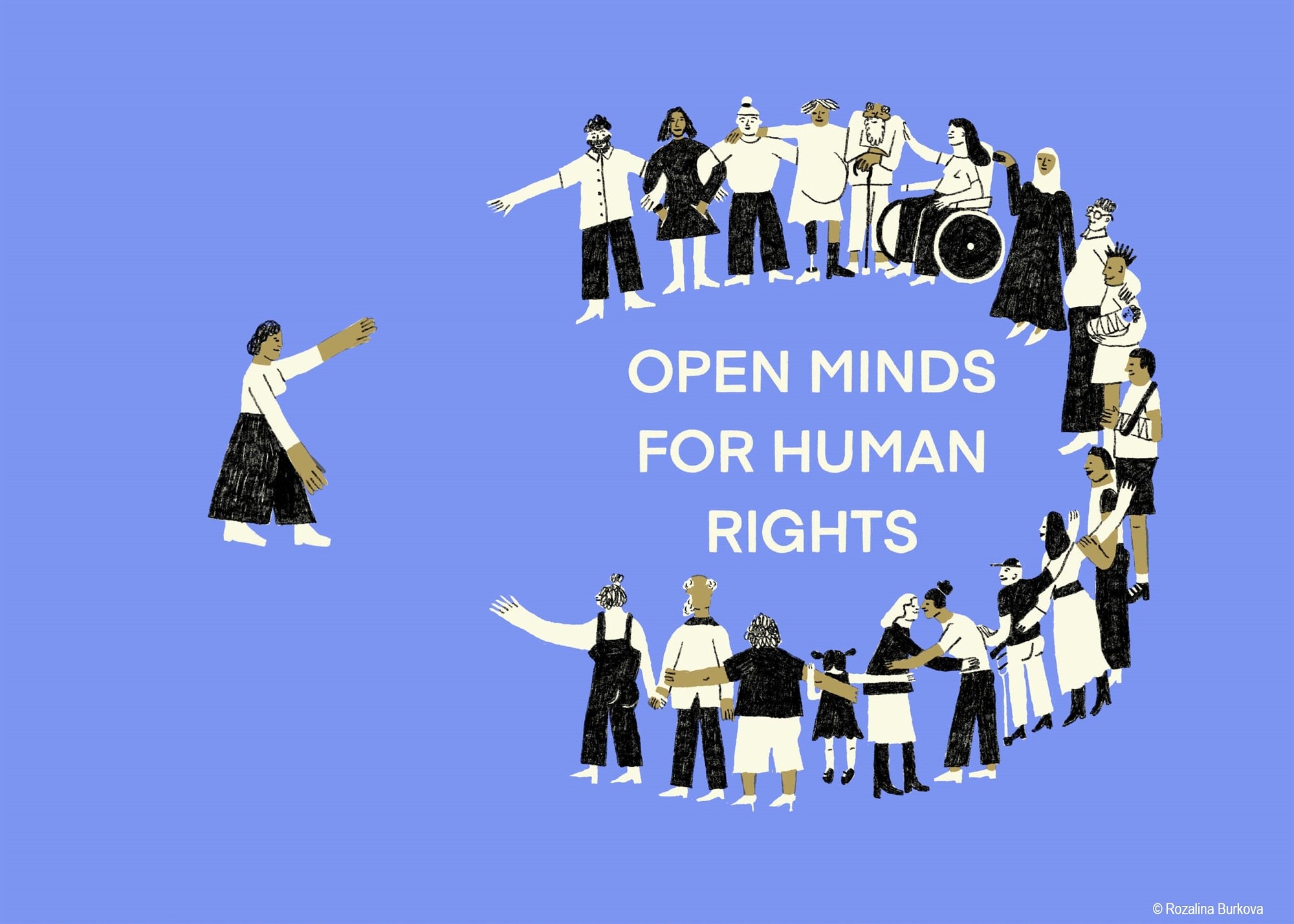 Illustration of a group of diverse people welcoming another person. In the middle of the group is a title: Open minds for human rights.