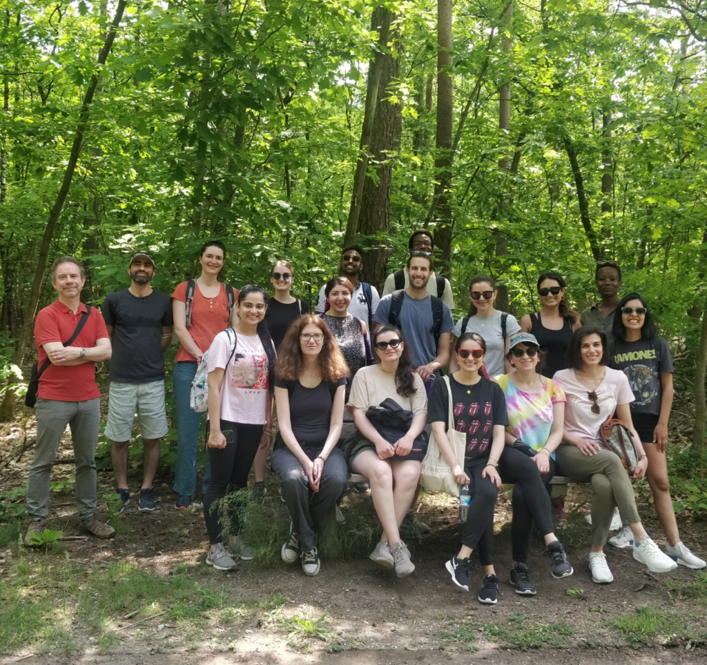 group picture of students and staff on a hike through the forest around Erlangen