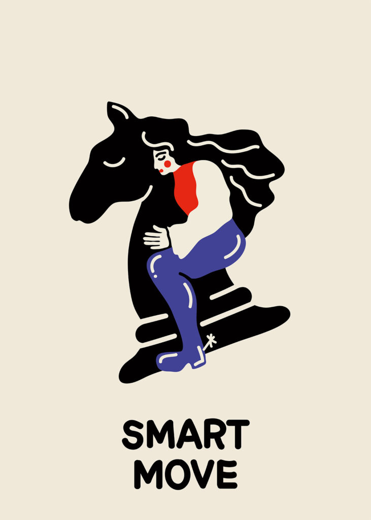 Graphic of a female rider on a chess piece.