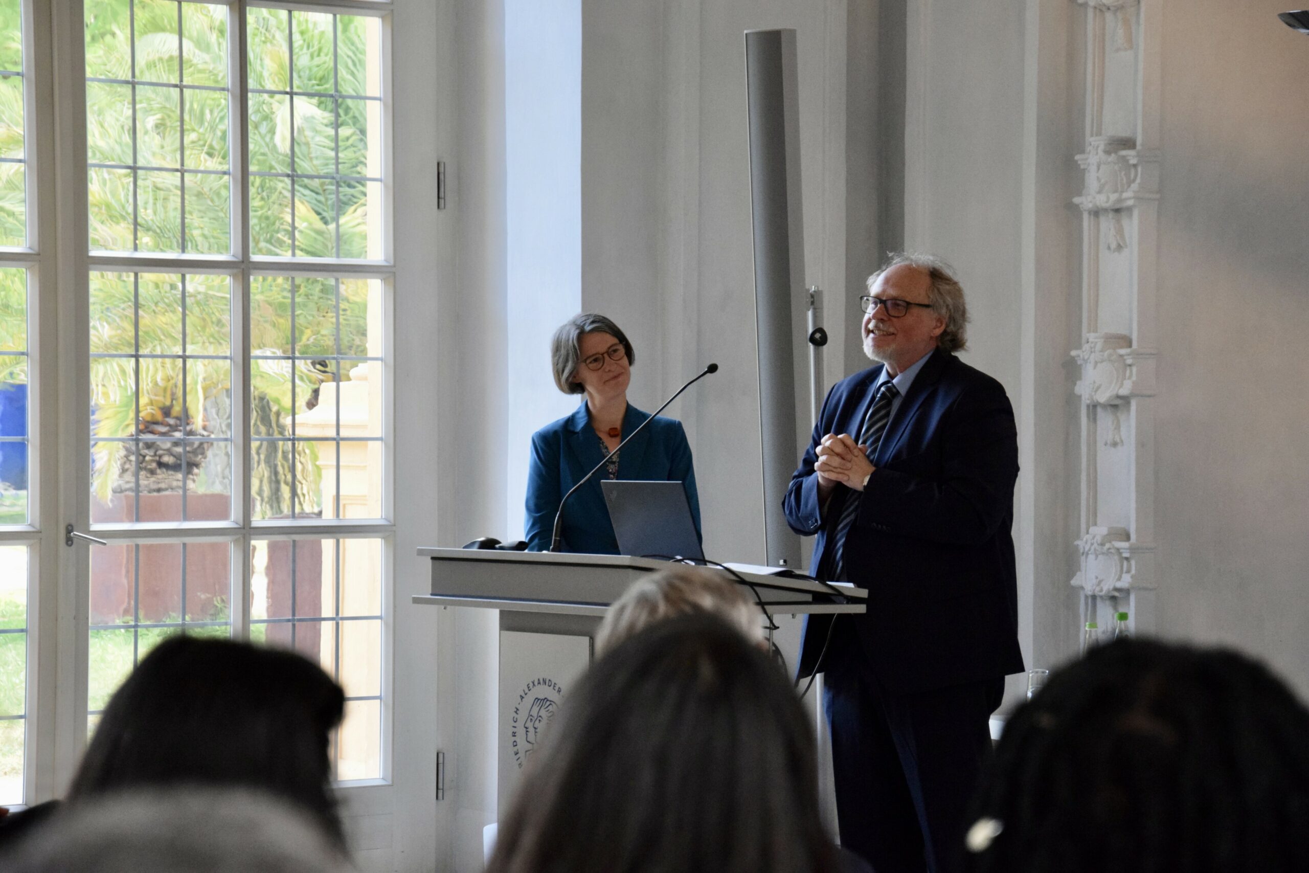 Picture of Prof. Heiner Bielefeldt and Prof. Kathrin Kinzelbach during their speech at the Conferral.