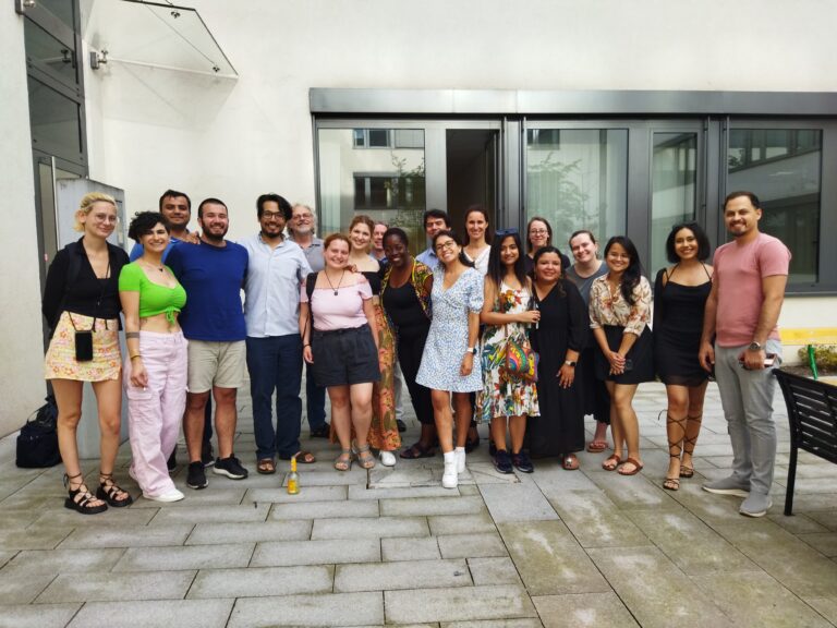 Picture of some current students at the end-of-the-year celebration along with the programme coordinator Ines Kalam and the professors Heiner Bielefeldt and Markus Krajewski.